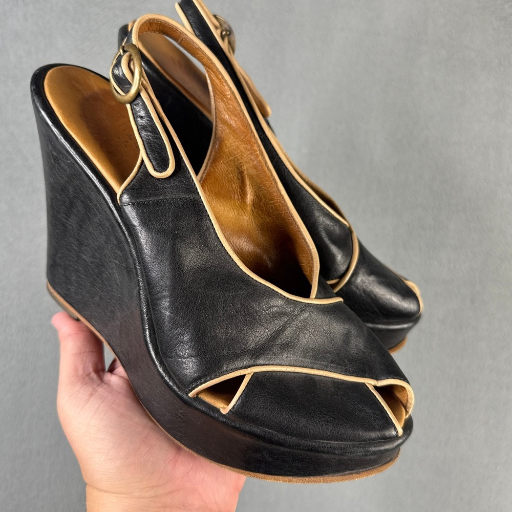 Fiorentini + Baker Black Leather Contrast Piping Slingback Wedge Sandals 38